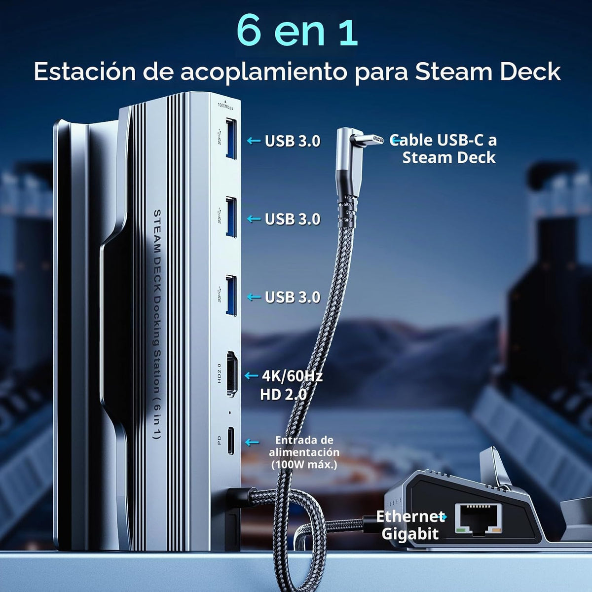 Estación de acoplamiento para Steam Deck/ROG Ally/Legion Go, la base de cubierta de vapor 6 en 1. Ethernet de 1000 Mbps, carga rápida de 3.0 PD 100W, HDMI 2.0 4K @60Hz y 3 puertos USB 3.0 Base OLED para plataforma de vapor.