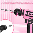 Taladro inalámbrico: juego de taladro eléctrico DEKOPRO de 12 V con taladros eléctricos rosa de 800 RPM con caja de regalo, juego de taladro rosa para mujer