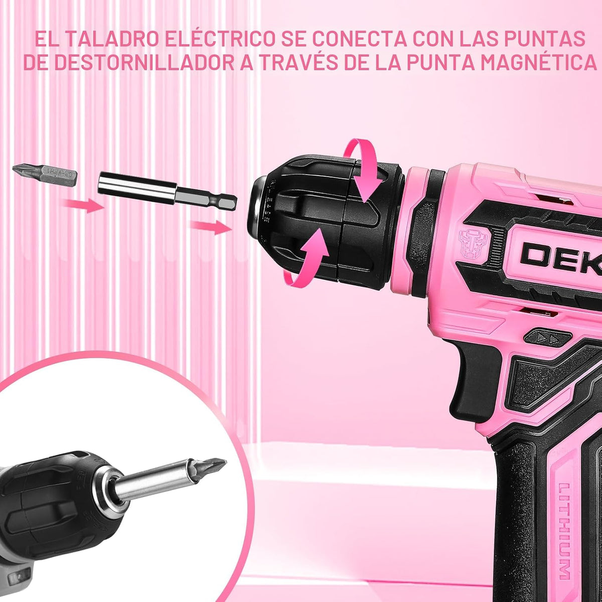 Taladro inalámbrico: juego de taladro eléctrico DEKOPRO de 12 V con taladros eléctricos rosa de 800 RPM con caja de regalo, juego de taladro rosa para mujer