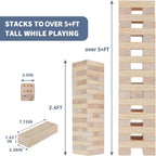 Megwoz- Torre gigante de más de 5 pies de alto, juego de apilar, 60 bloques de madera de pino de Nueva Zelanda; p/interiores/exteriores, fiesta de cumpleaños, para adultos y niños de todas las edades