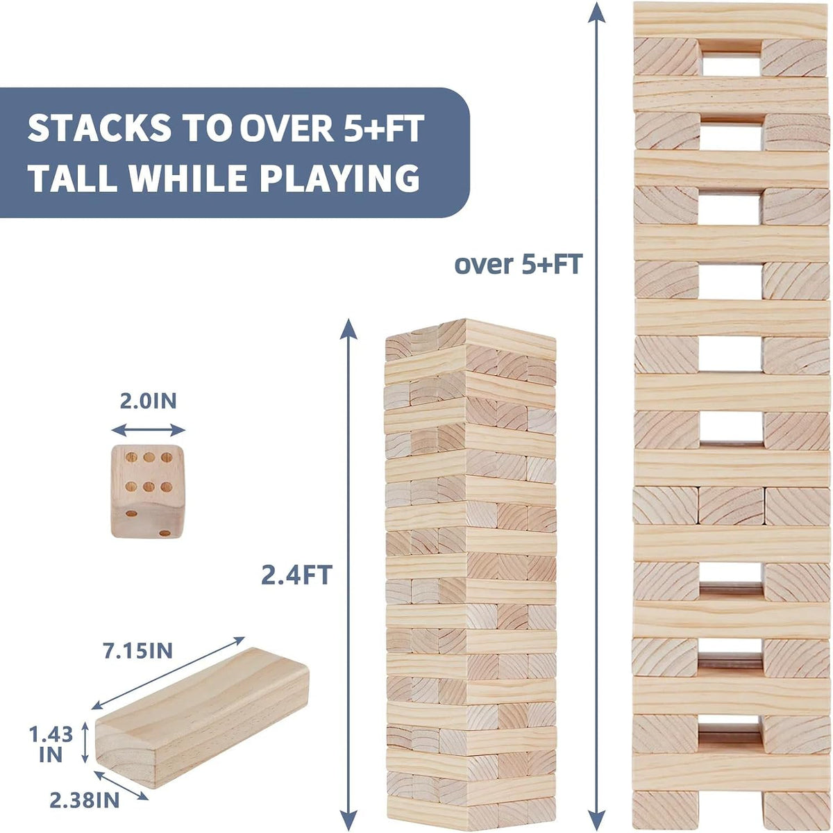 Megwoz- Torre gigante de más de 5 pies de alto, juego de apilar, 60 bloques de madera de pino de Nueva Zelanda; p/interiores/exteriores, fiesta de cumpleaños, para adultos y niños de todas las edades
