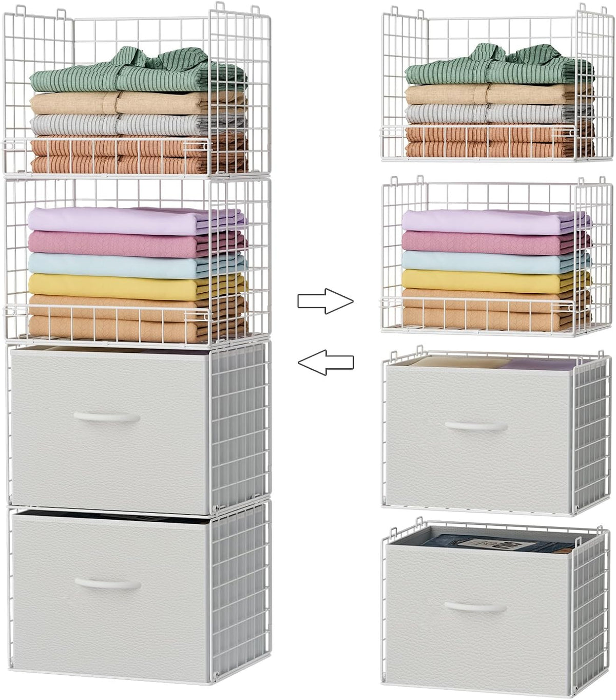 Organizadores de Closet apilables de 4 niveles con 2 cajones, Estante plegable para armario y estantes de almacenamiento, Cajones apilables para sistema organizador de closet, blanco(Patente en trámite)