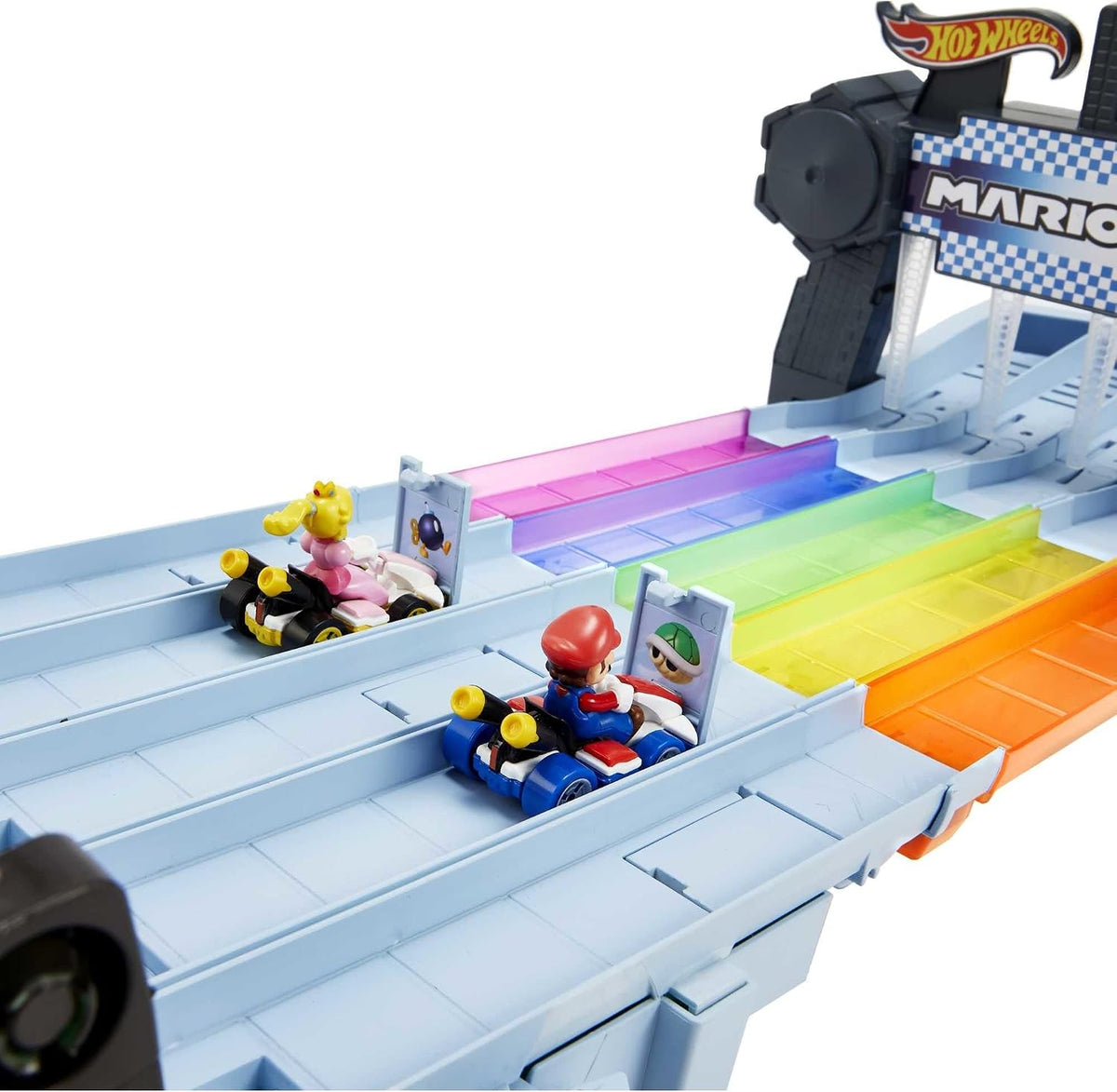 Juego de pista de carreras Hot Wheels Mario Kart Rainbow Road de 8 pies con luces y sonidos y 2 vehículos a escala 1:64, carrera con curso colorido de 5 pistas con 2 configuraciones