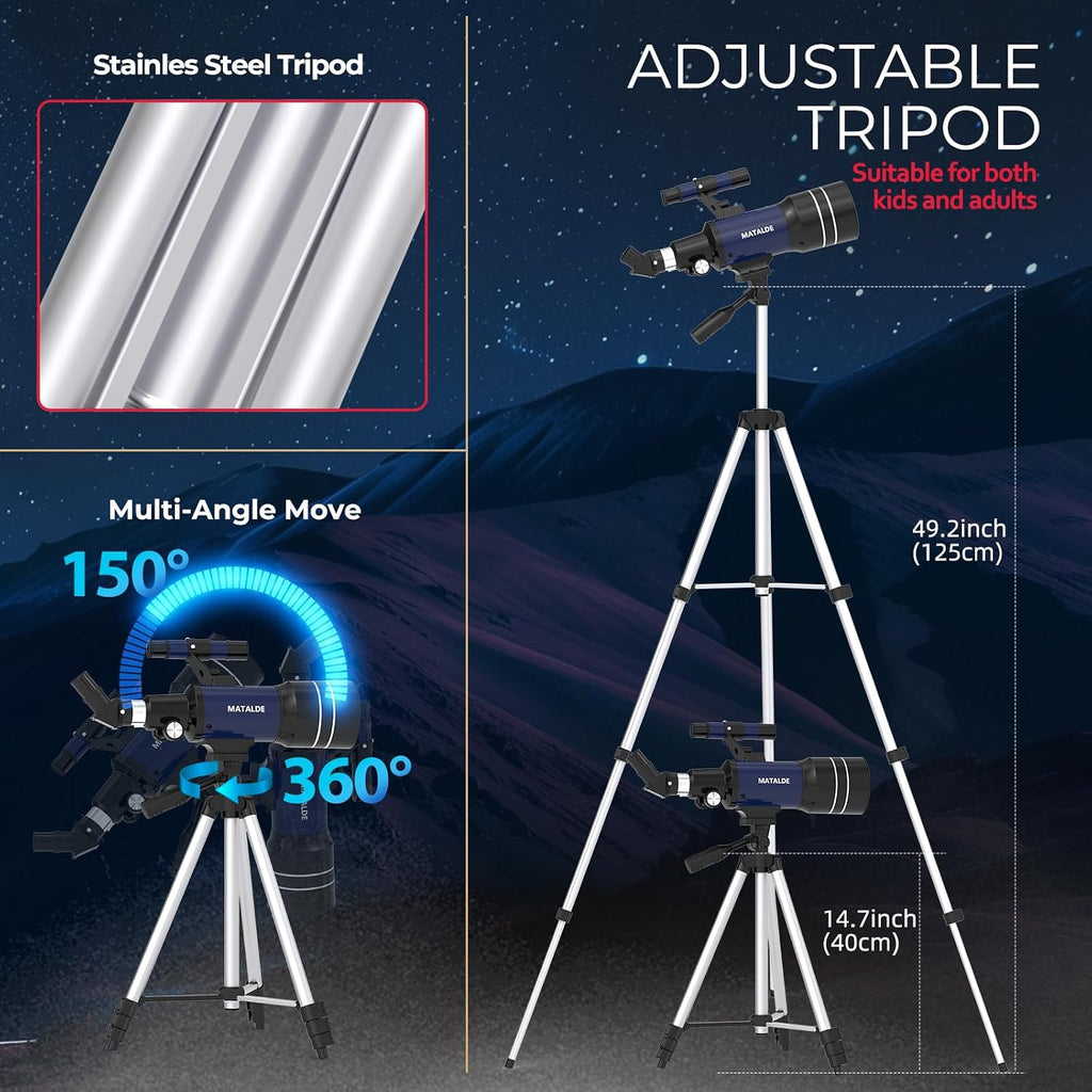 Telescopio para niños y principiantes, 2.756 in de apertura (15X-150X) AZ Mount Telescopios para astronomía, telescopio refractor portátil con trípode, adaptador de teléfono
