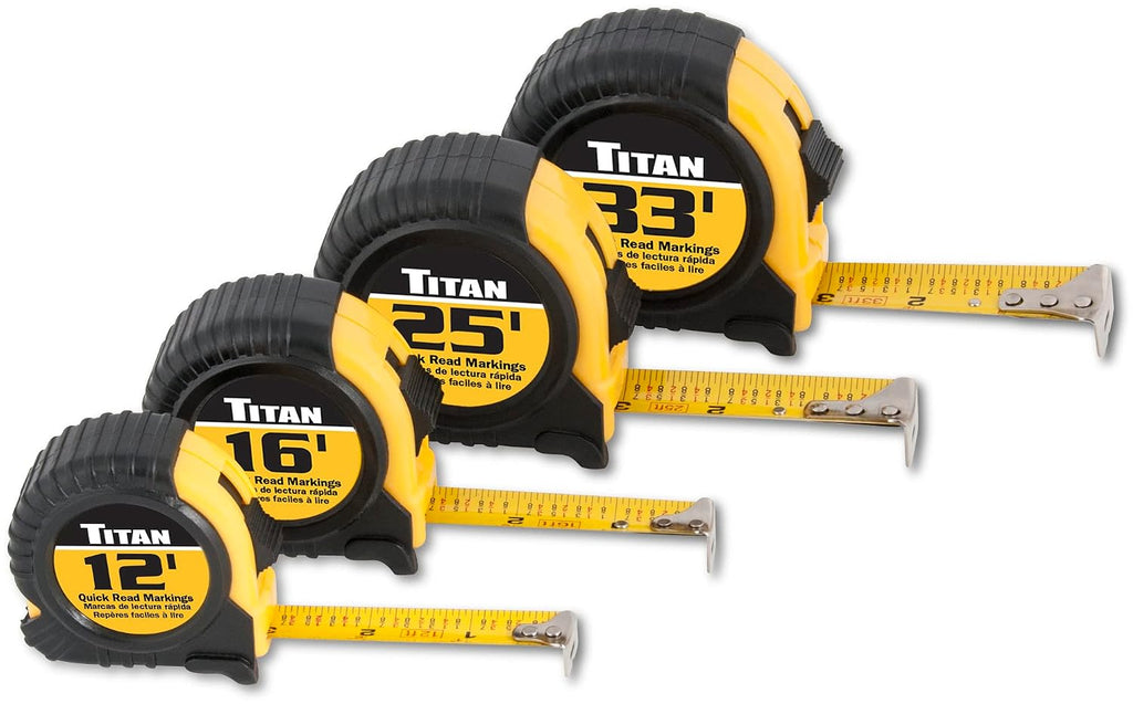 Titan Cinta métrica 10902 con marcas estándar de fácil lectura y estuche duradero, juego de 4 piezas, 12 pies, 16 pies, 25 pies y 33 pies