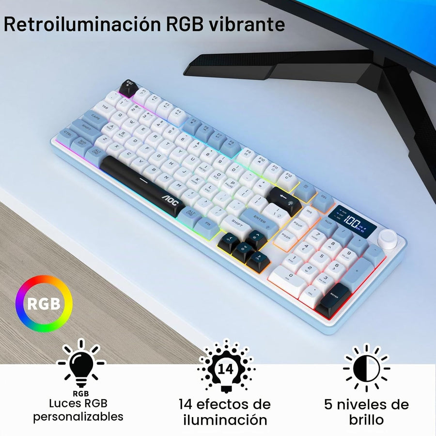 AOC GK210 Teclado inalámbrico para juegos con pantalla y perilla, t...