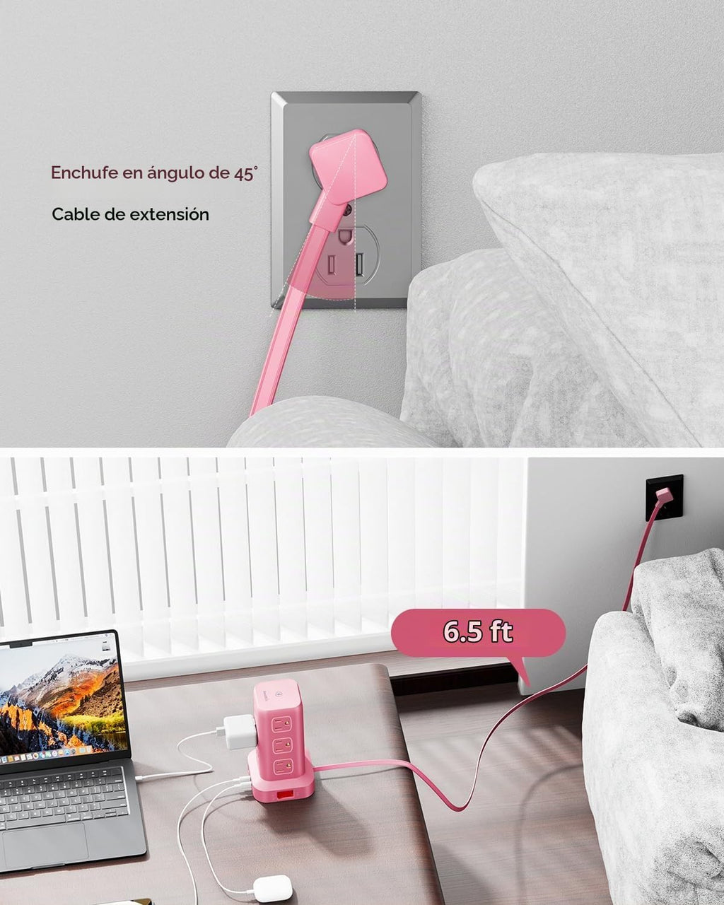 Regleta de alimentación con 12 tomas, 4 USB (1 USB C), cable de extensión de 6.5 pies con múltiples tomas, estación de carga, torre de regleta de alimentación rosa, suministros de escritorio de