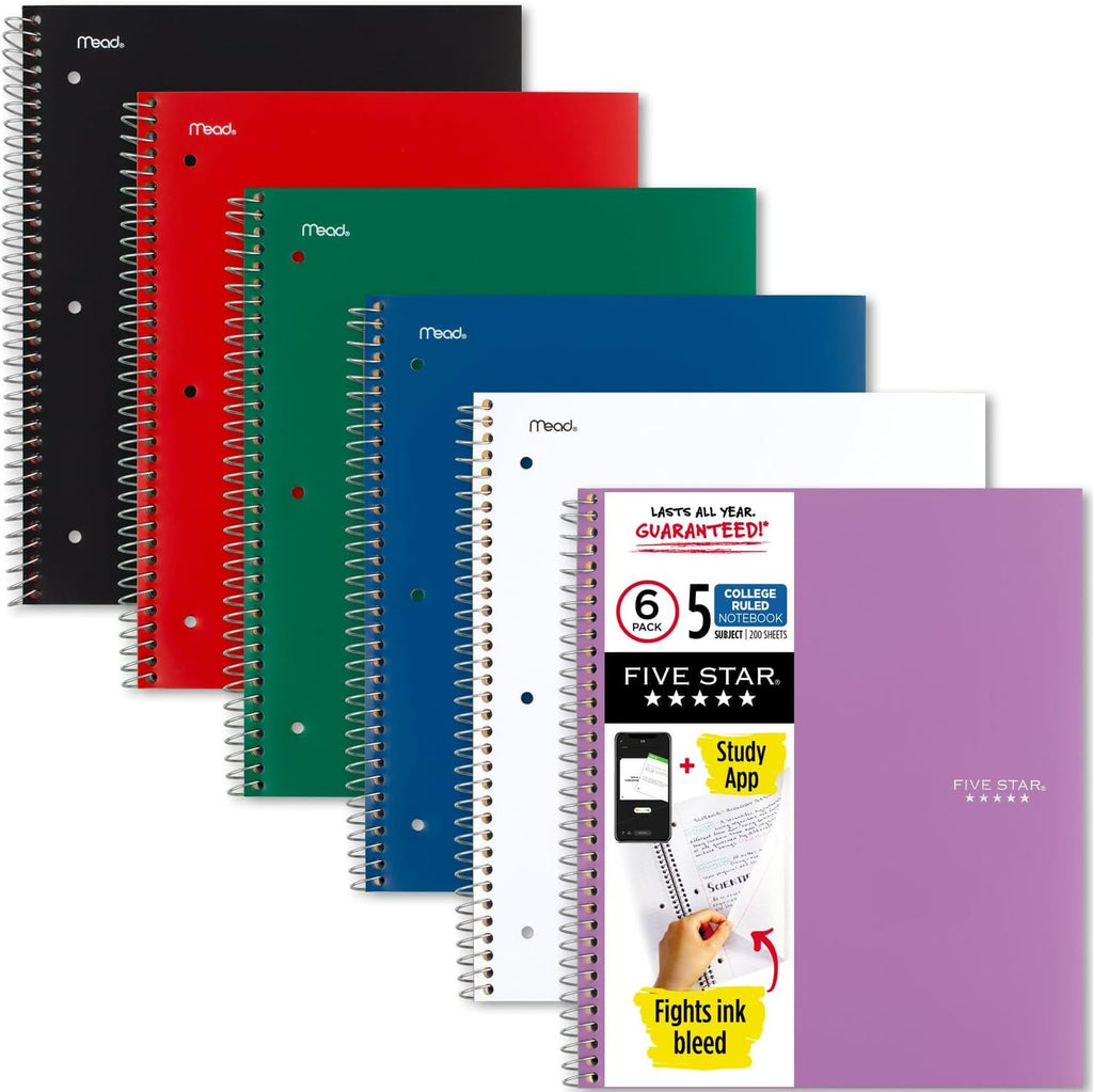 Five Star - Cuaderno espiral, 5 sujetos, papel con rayas universitarias, 200 hojas, 10.9 x 8.0 en, colores surtidos, 6 unidades