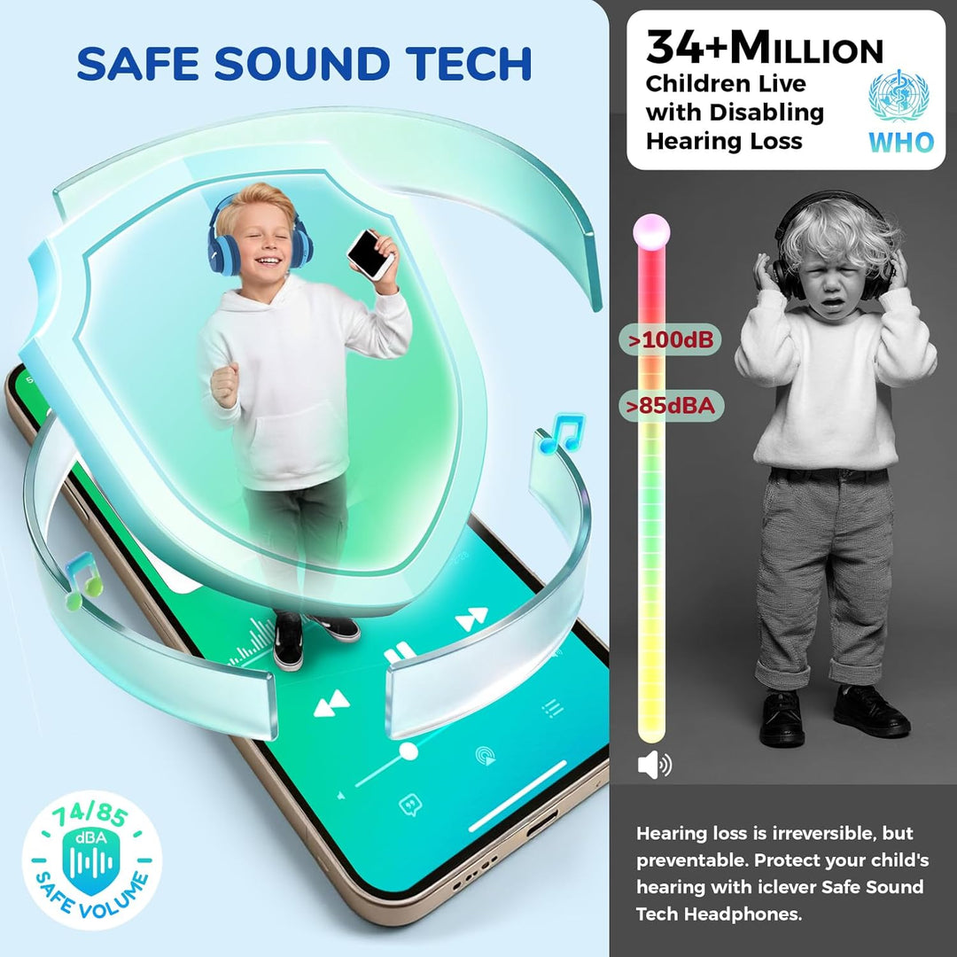 iClever BTH12 - Auriculares Bluetooth para niños, LED con luces de...