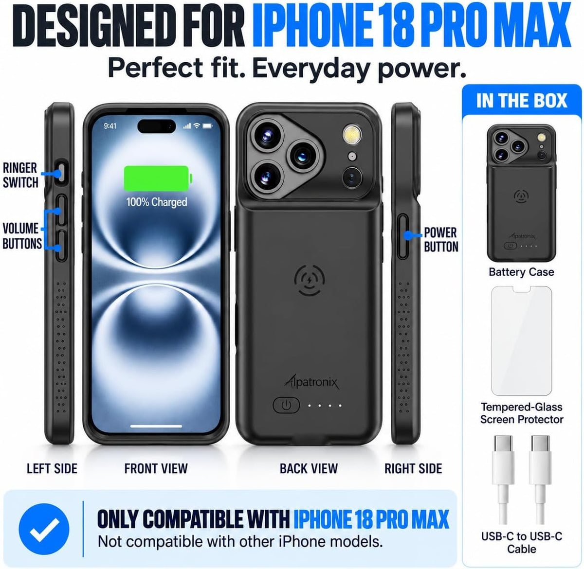 Alpatronix Funda de batería para iPhone 18 Pro Max, funda de carga inalámbrica delgada y portátil, funda de cargador extendida, carga rápida de 15 W, negro mate de alta capacidad