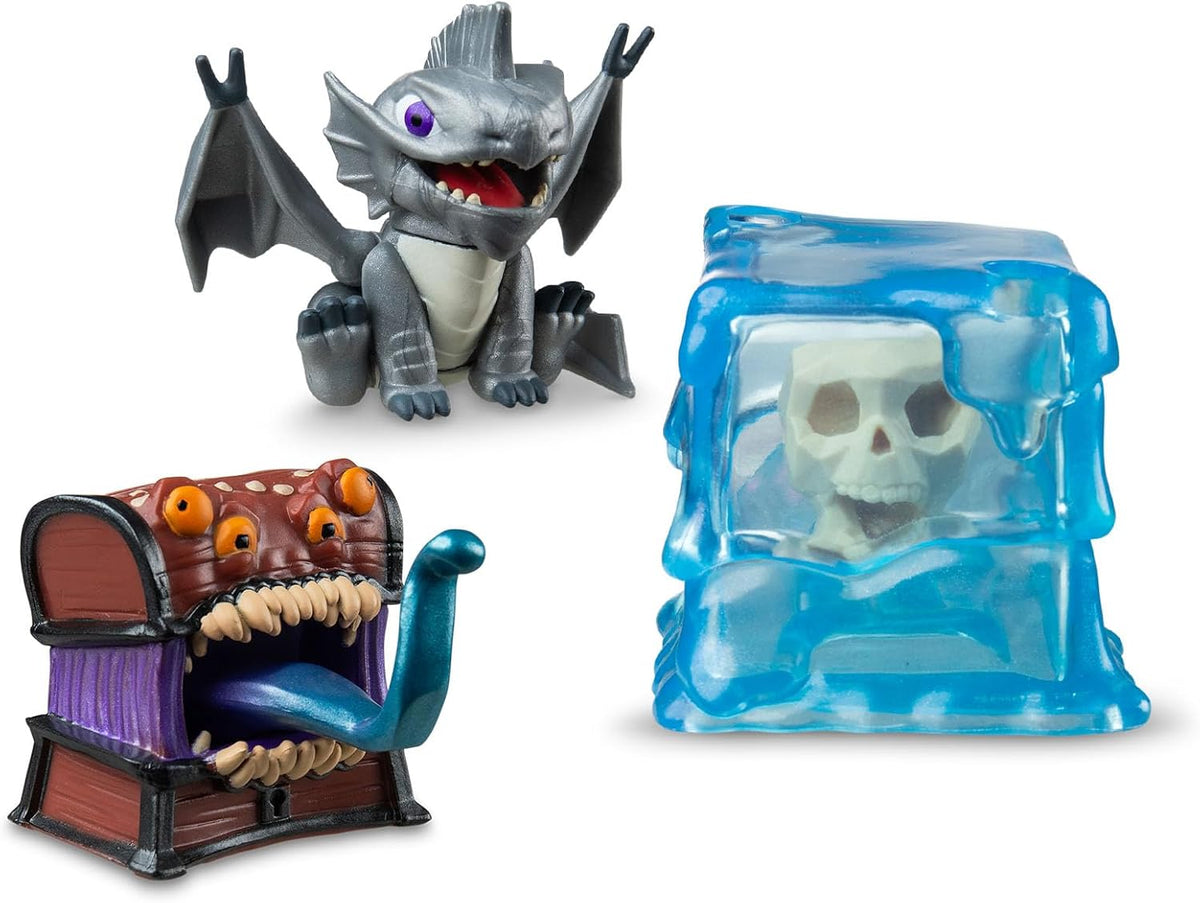 Dungeons & Dragons Questers Figuras de criatura, paquete de 3, figuras coleccionables de juguete de fantasía de D&D, pequeño cubo gelatinoso, Wyrmling plateado y cofre del tesoro mímico