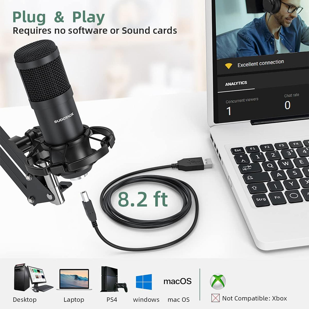 SUDOTACK - Micrófono de condensador USB para podcast en PC: kit de...
