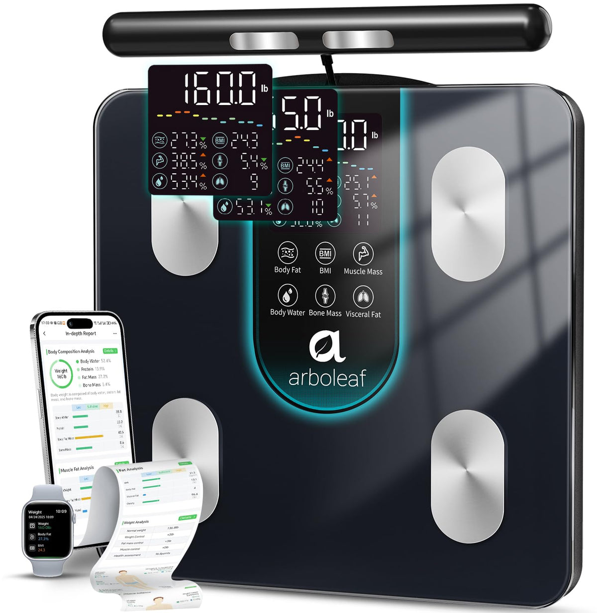 arboleaf Báscula Inteligente para Peso Corporal, 8-Electrodos de Frecuencia Dual con Lecturas BIA de Cuerpo Completo