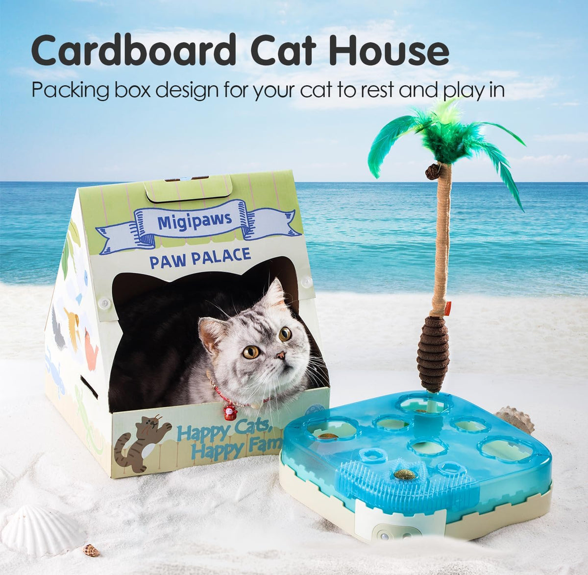 Migipaws Juguete interactivo 7 en 1 para gatos activado por movimiento, reemplazos incluidos con bola de gato de rebote automático, varita de palmera de pluma,