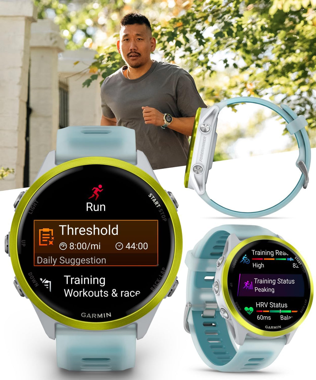 Garmin Forerunner 570 47mm Reloj inteligente avanzado para correr y triatlón con GPS AMOLED Pantalla de visualización y recuperación de entrenamiento Amplio Amarillo de aluminio con banda de piedra