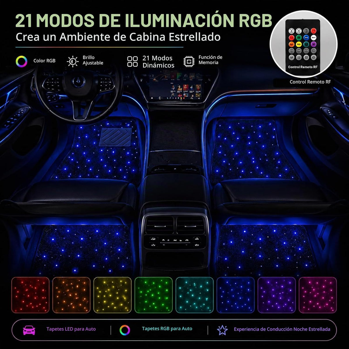 Alfombrillas LED para automóvil con control de aplicación, 100 modos de luz RGB, luces interiores de luz de estrellas de ajuste universal, impermeables, lavables, accesorios de automóvil para un