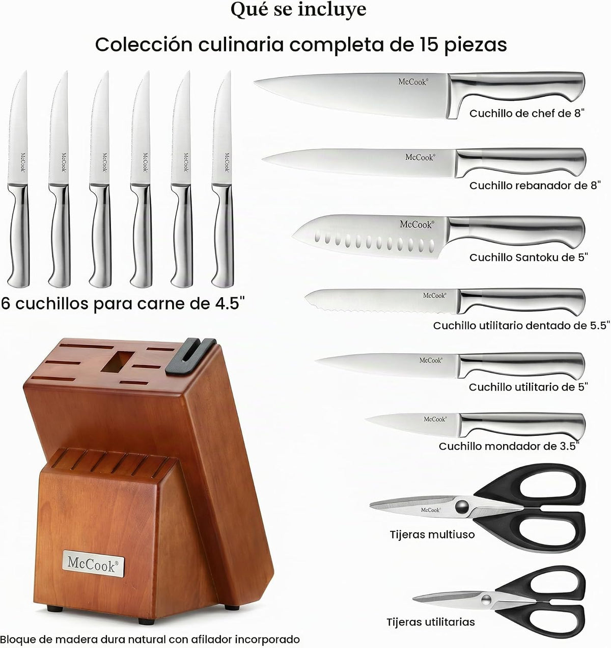 McCook Kitchen Knife Set 15PC Knife Block Set w Built-en Sharpener