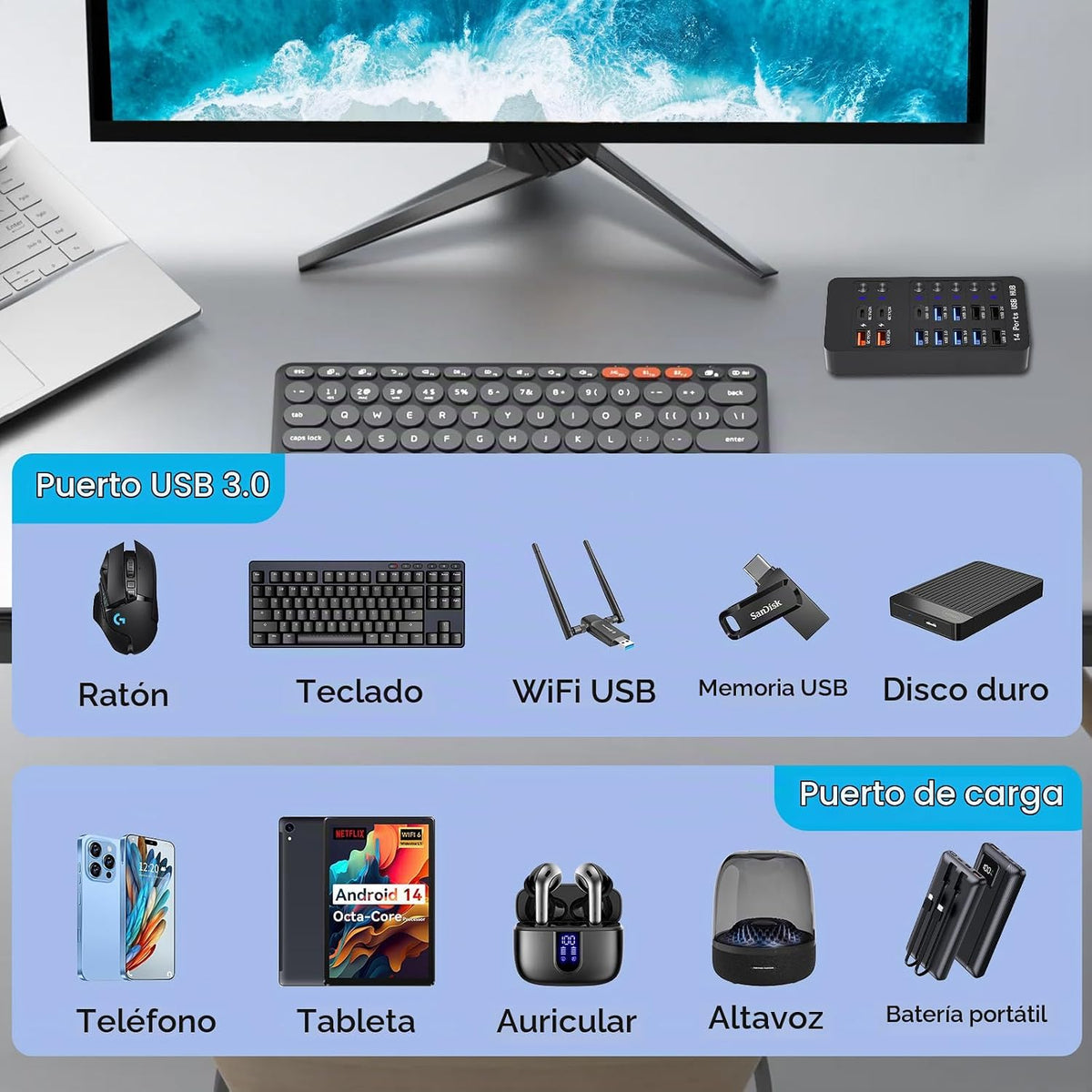 Zeroffi, J655-2402500D, hub USB de 14 puertos