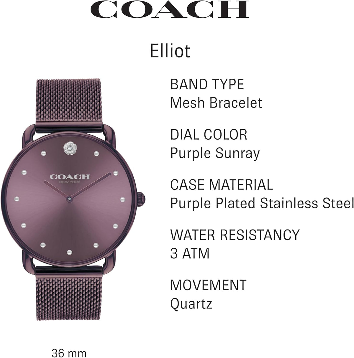 Reloj para mujer Coach Elliot | Elegancia moderna con detalle icónico de Tea Rose | Elegante reloj para uso diario | Regalo ideal para ella | Resistente al agua | 36 mm