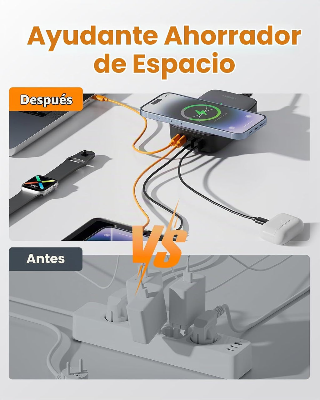 TESSAN Estación de carga USB de 65 W, cargador USB 6 en 1 con carga