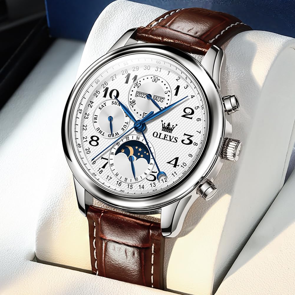 OLEVS - Relojes automáticos para hombre, multicalendario, con fase lunar, 3ATM impermeable, reloj de lujo clásico para negocios, de pulsera