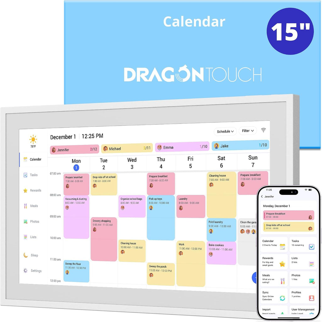 Dragon Touch Calendario digital y tabla de tareas de 15.6 pulgadas, planificador familiar inteligente Full HD de 1080P con pantalla táctil interactiva, marco de fotos digital