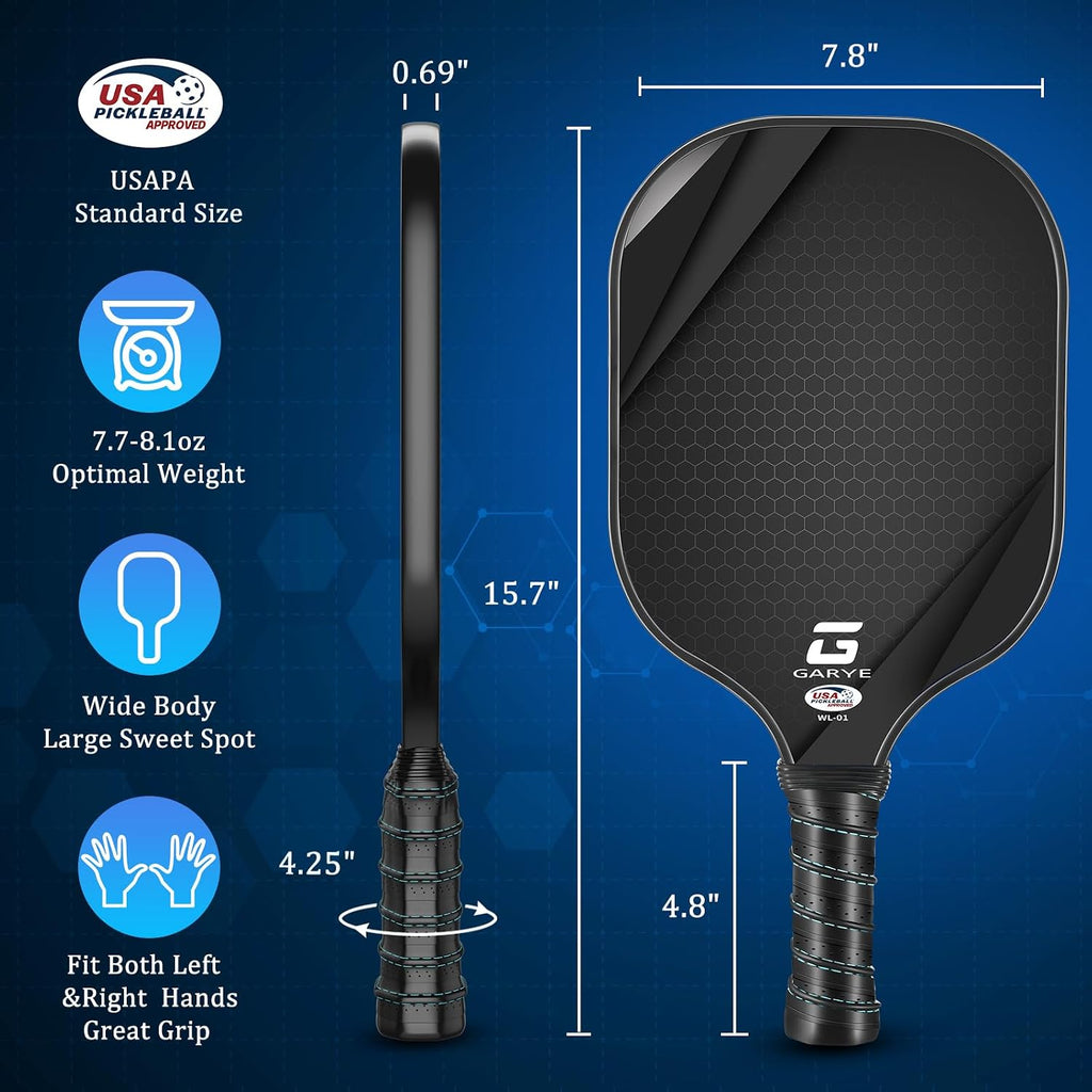 GARYE Juego de 2/4 palas de pickleball aprobadas por USAPA, juego de pickleball de fibra de carbono, raquetas ligeras de pickleball, paquete de 2/4 con 6 bolas, 1 bolsa, par de cintas de agarre