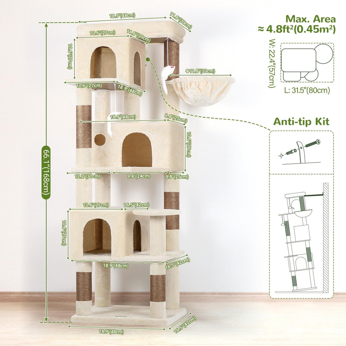 Globlazer Árbol de Gato de Rincón de 66 Pulgadas, Torre de Escalada de Varios Niveles para Gatos de Interior, Condominios para Gatitos, Torre de Rascado para Gatos con Plataforma Grande, 3 Cuevas para