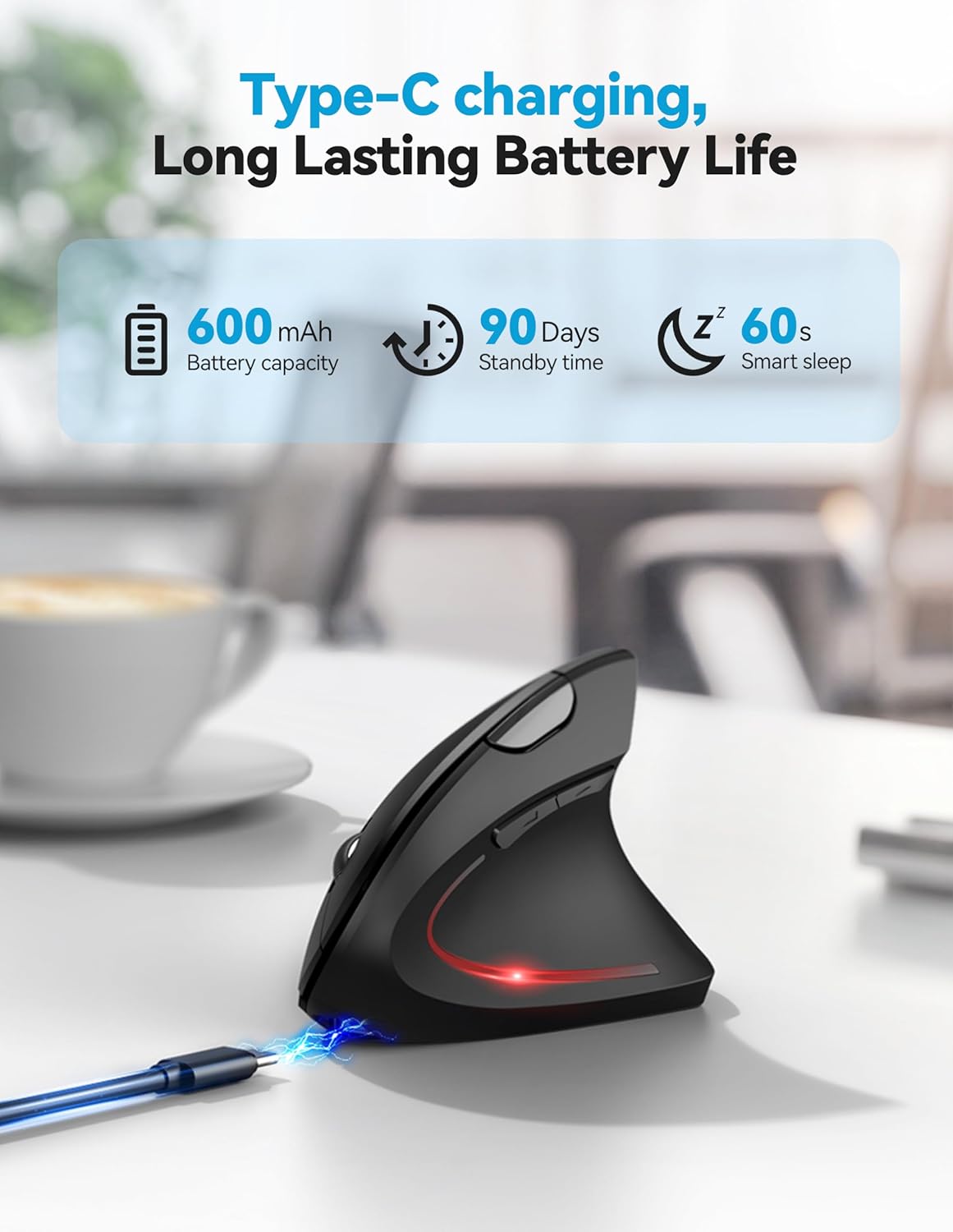 TECKNET Ratón ergonómico con Jiggler, mouse vertical inalámbrico Bl...