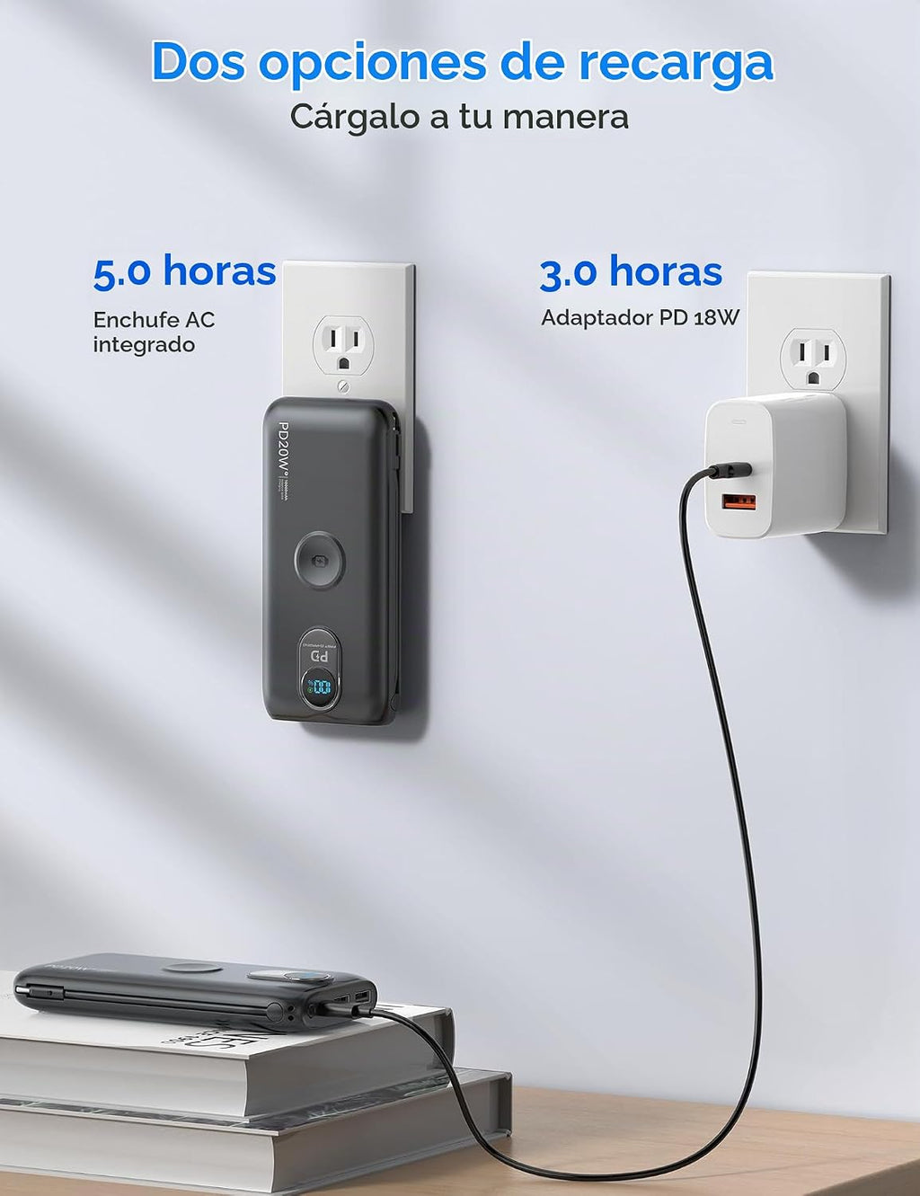 Cargador portátil Power Bank 10000mAh PD20W con cables incorporados, Negro
