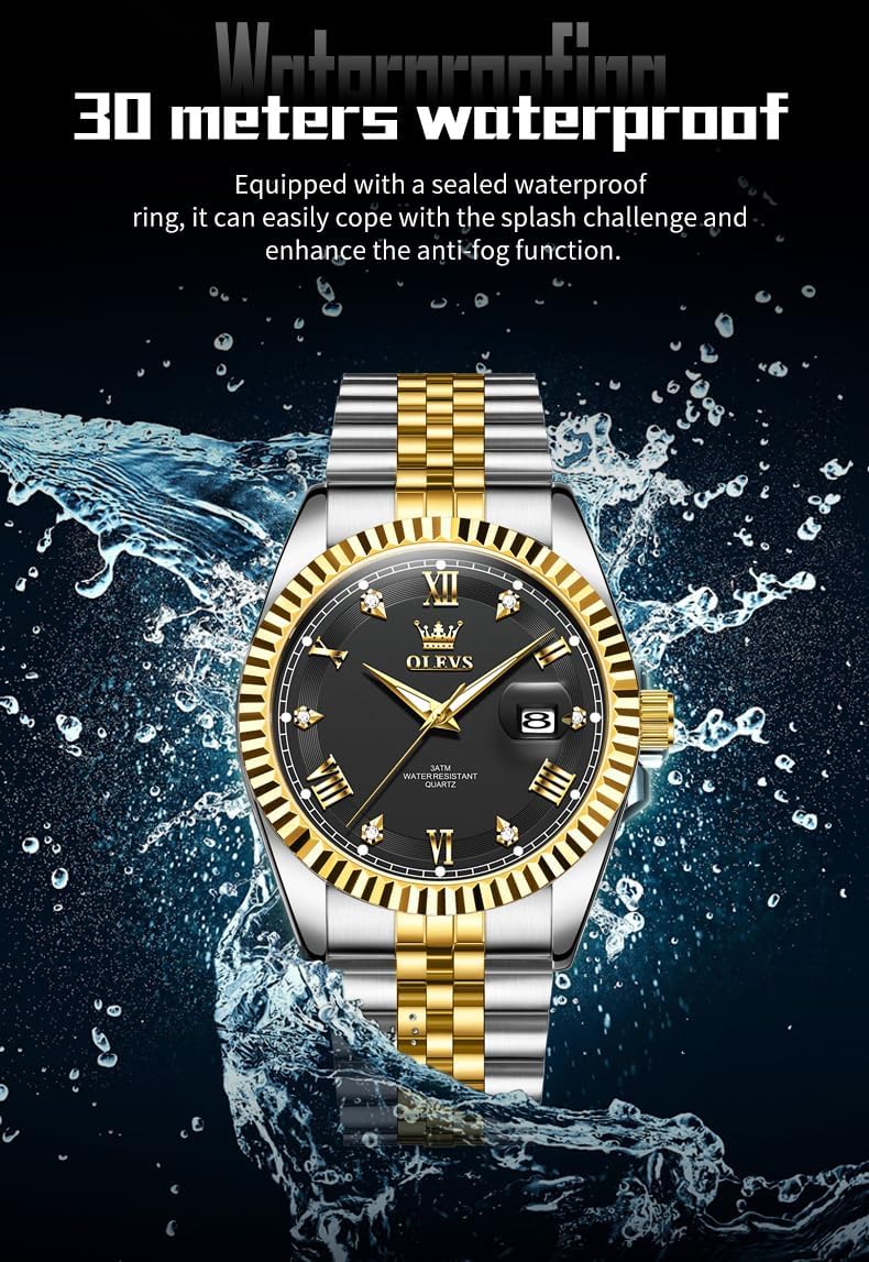 OLEVS Reloj Clásico para Hombre Diamante Analógico Lujo Acero Inoxidable a Dos Tonos Resistente al Agua con Fecha Luminous para Hombres