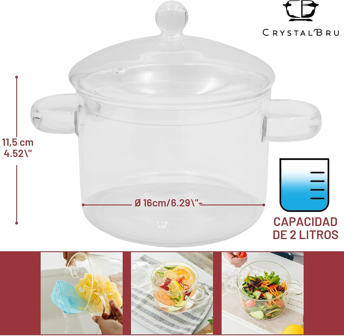Crystalbru Olla de vidrio transparente de 2 litros con tapa y colador | Olla de vidrio de borosilicato resistente al calor para popurrí | Olla a fuego lento para fragancia del hogar | Ollas de vidrio