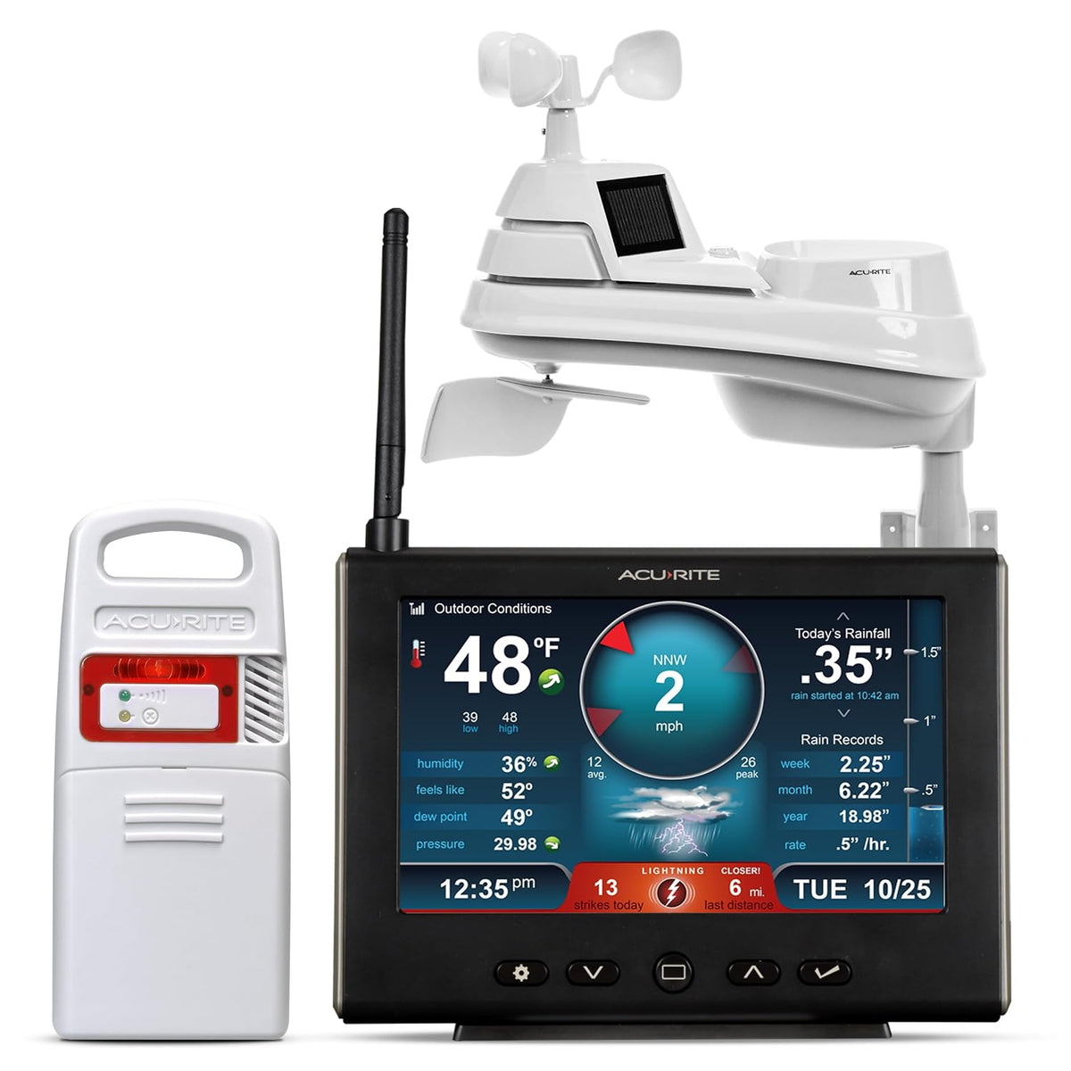 Estación meteorológica profesional con detector de luz, pantalla HD, pluviómetro, dirección y velocidad del viento, sensor de temperatura y humedad.