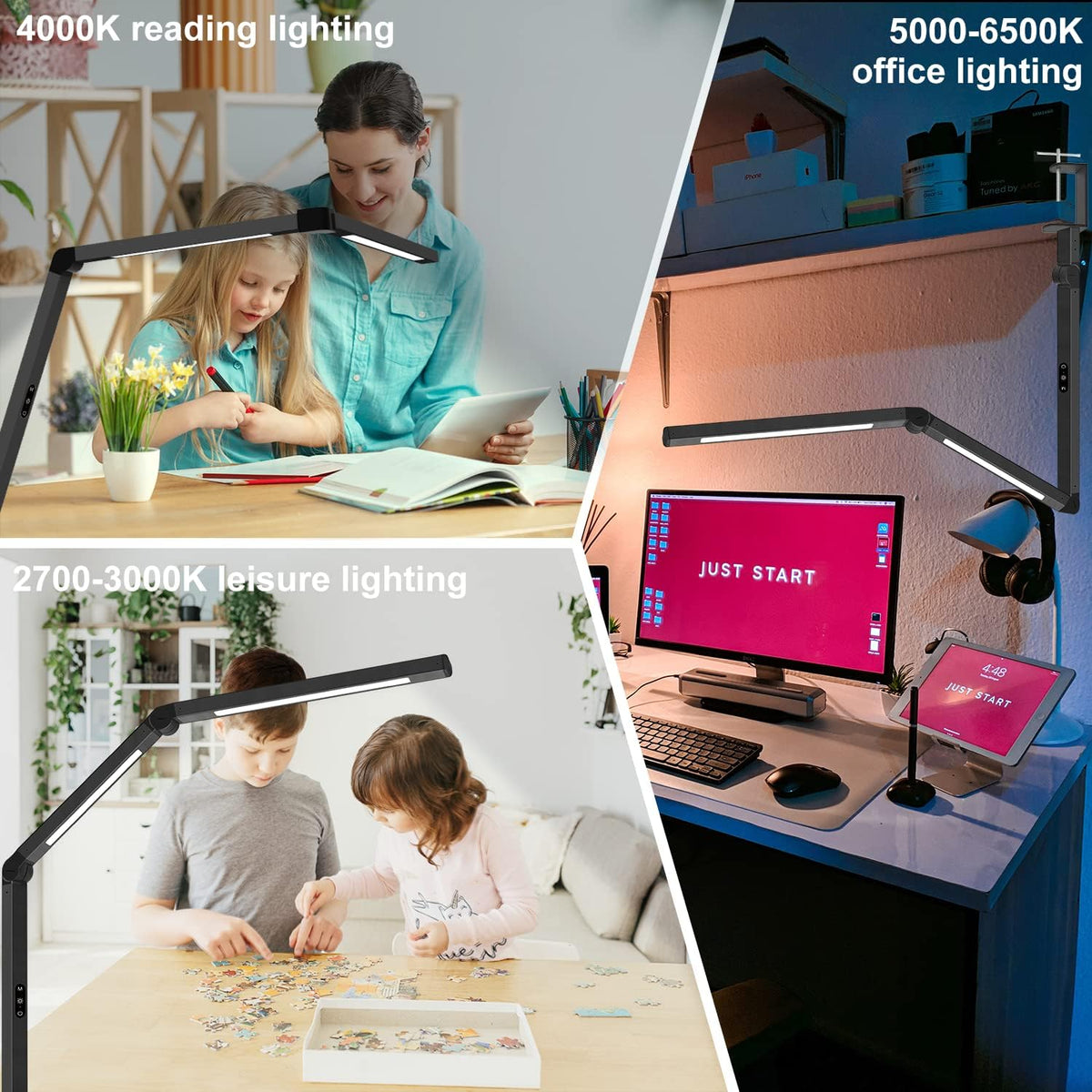 Lámpara Lámpara de escritorio LED con abrazadera, lámpara de escritorio de arquitecto con doble luz y brazo oscilante ajustable, cuidado de los ojos con clip, 4 modos CCT y 5 niveles de brillo, luz de mesa, iluminación de computadora moderna para oficina