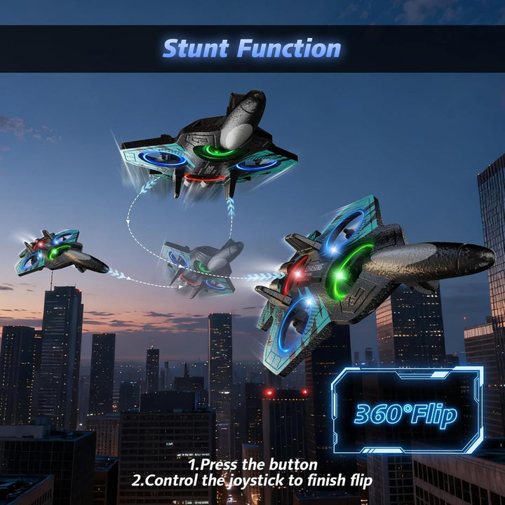 FUNPX Avión RC de espuma con luz LED fría, modo giratorio de 360° y...