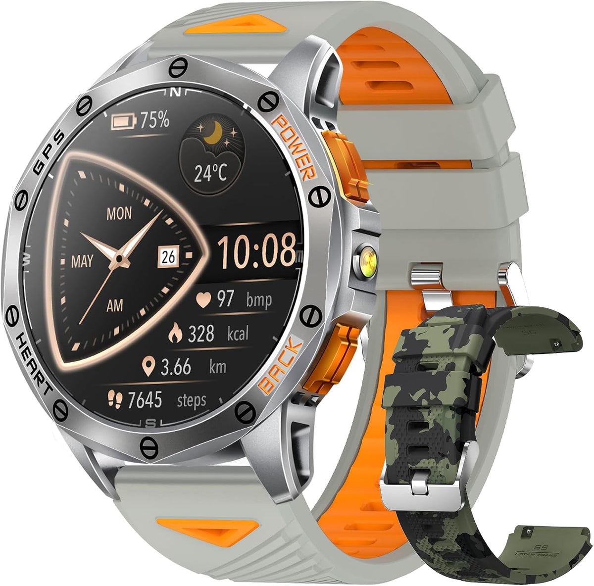 Relojes Inteligentes Militares con GPS Integrado, Más de 170 Modos Deportivos para Hombres con Linterna, Reloj Inteligente para Teléfonos Android y iPhone, Pantalla AMOLED de 1.43", Llamadas Bluetooth