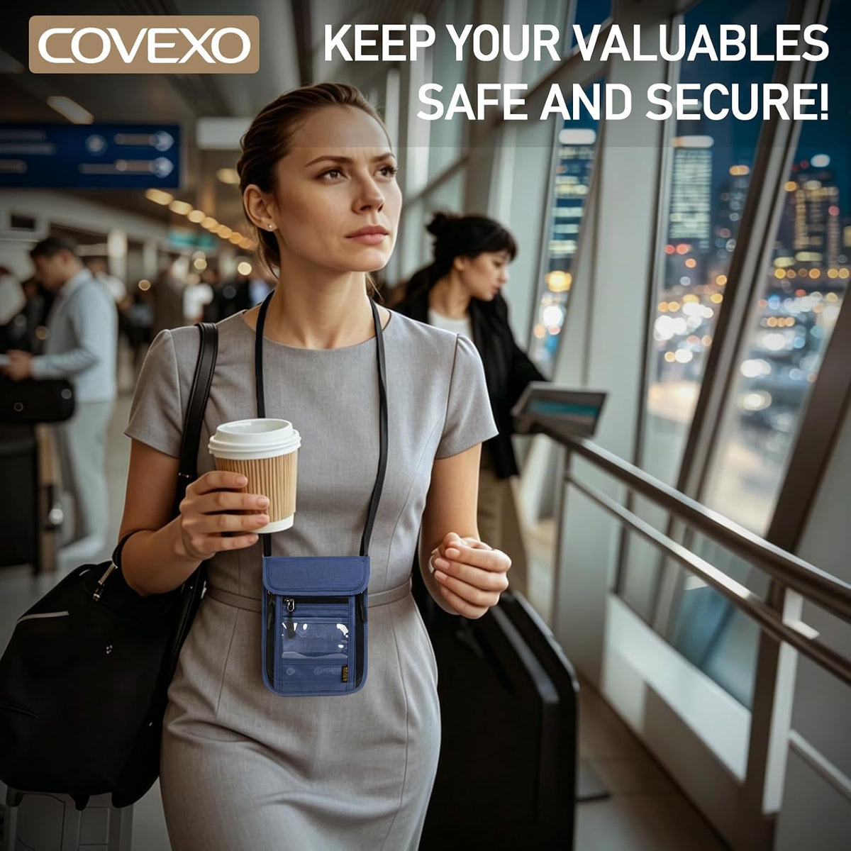 Cartera de cuello con bloqueo RFID, bolsa oculta para pasaporte de viaje, oculta debajo de la ropa, seguridad antirrobo, ajustable y ligera para vacaciones, aeropuertos, Azul oscuro, Bolsa de