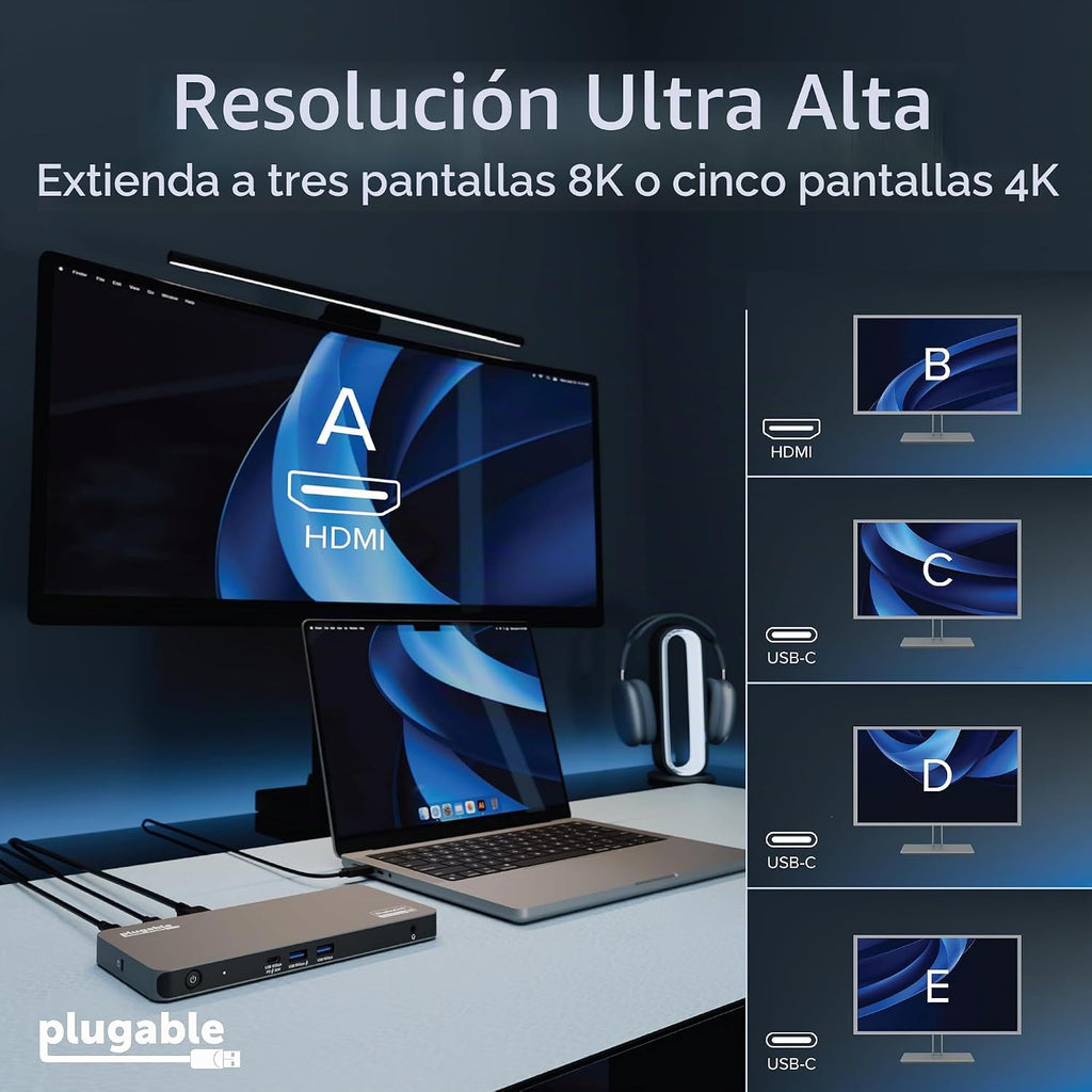 Estación de acoplamiento USB C enchufable 5 monitores, 140W, DisplayLink