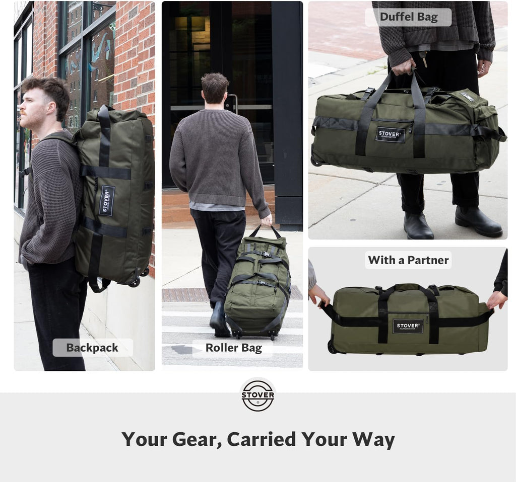 45/80/100/120L Bolsa de lona con ruedas, bolsa de viaje extra grande duradera + bolsa de aseo personal, resistente, plegable con correas para el hombro, uso como equipaje o mochila