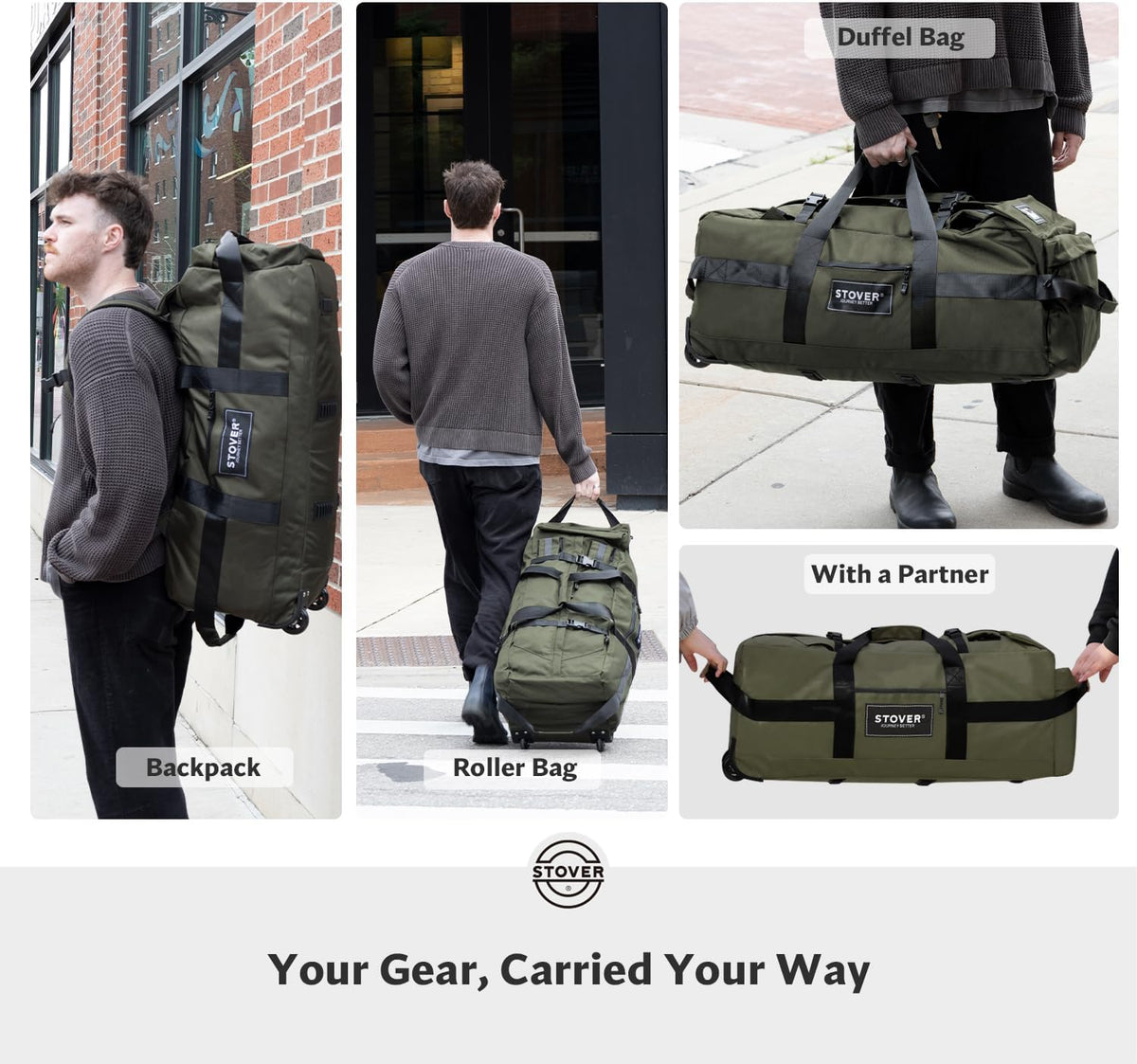 45/80/100/120L Bolsa de lona con ruedas, bolsa de viaje extra grande duradera + bolsa de aseo personal, resistente, plegable con correas para el hombro, uso como equipaje o mochila
