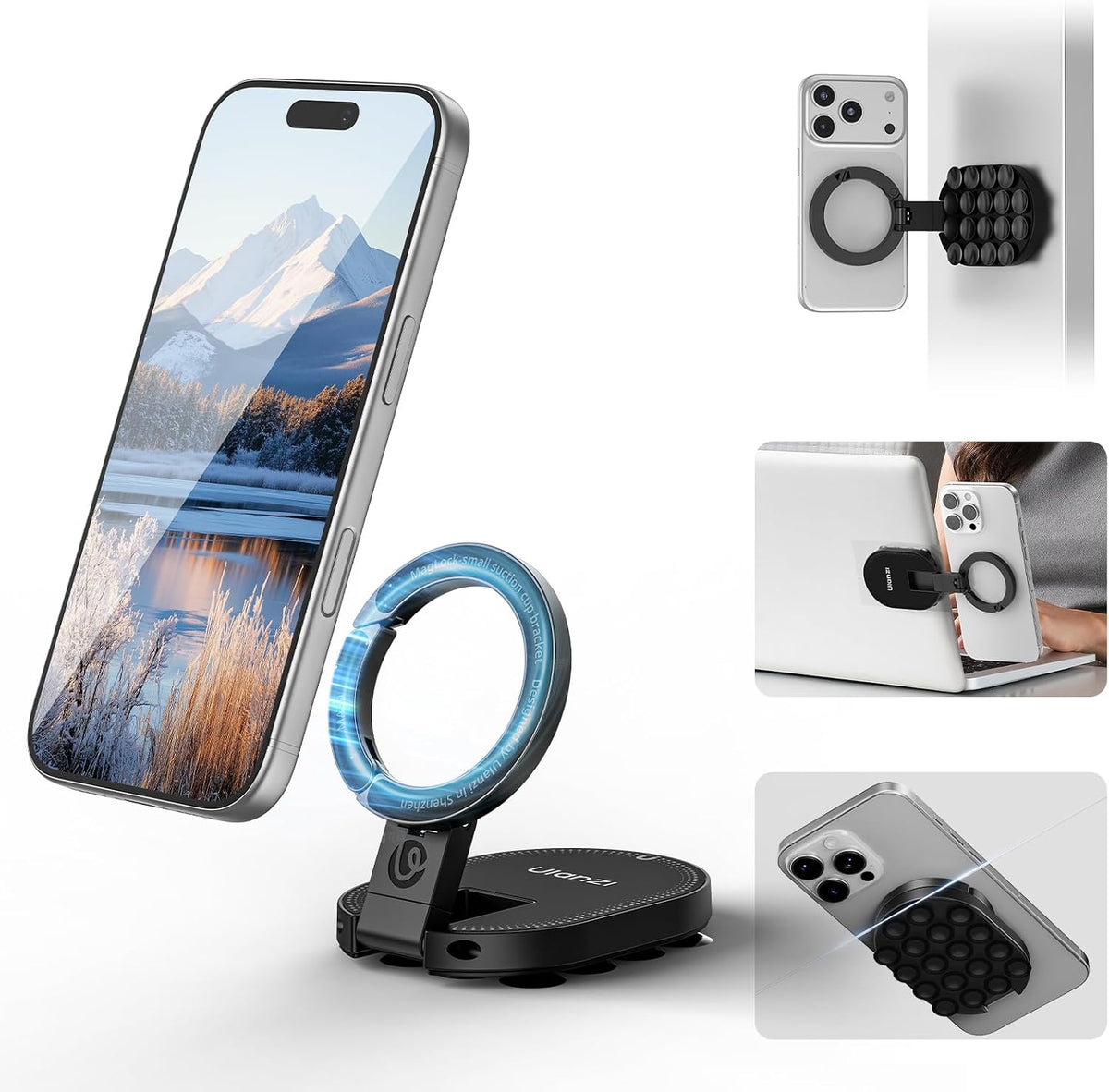 ULANZI MA39 - Soporte magnético de succión 3 en 1 para MagSafe, trípode giratorio de 360° con clip de mosquetón, compatible con iPhone 17-12, ideal para tablero de automóvil, gimnasio, cocina, oficina