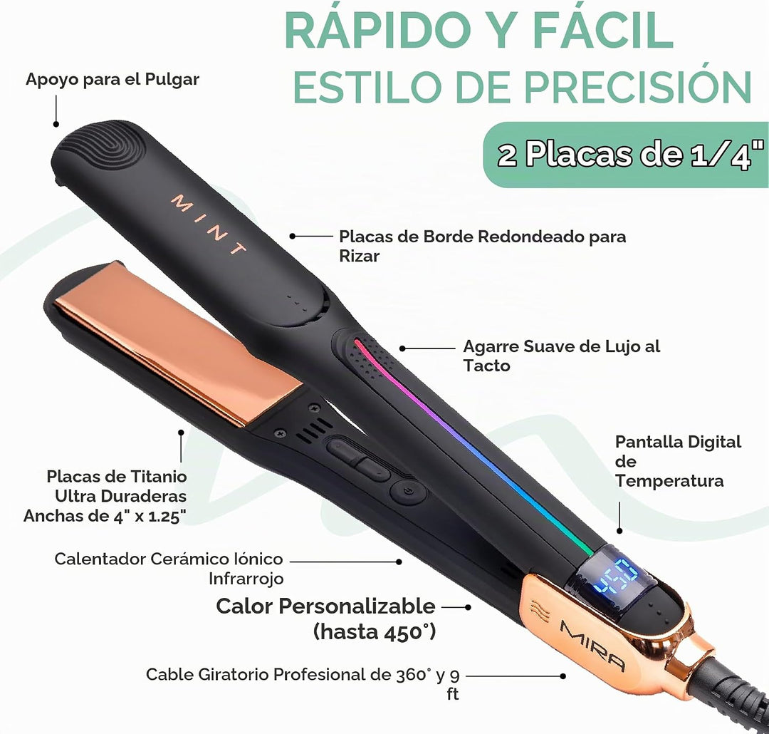 MINT MIRA - Plancha de titanio para alisar el cabello y rizador de...