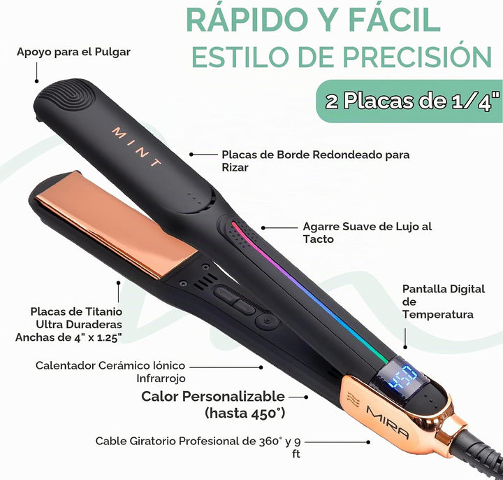 MINT MIRA - Plancha de titanio para alisar el cabello y rizador de...