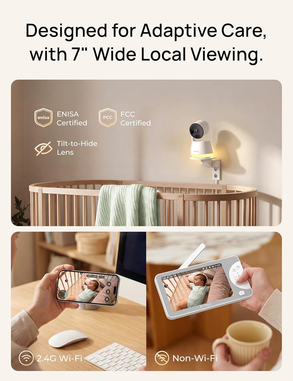 Dr.Care LumiView Max Monitor de bebé WiFi inteligente de 7" con 2 c...