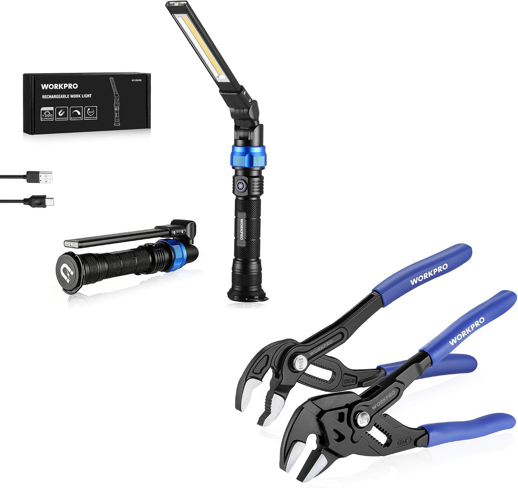 WORKPRO Luz de trabajo LED magnética plegable de 3200 mAh, linterna recargable con rotación de 360° y modo de atenuación, luz de inundación portátil de 1200 lm y 2 alicates de 7 pulgadas con llave y