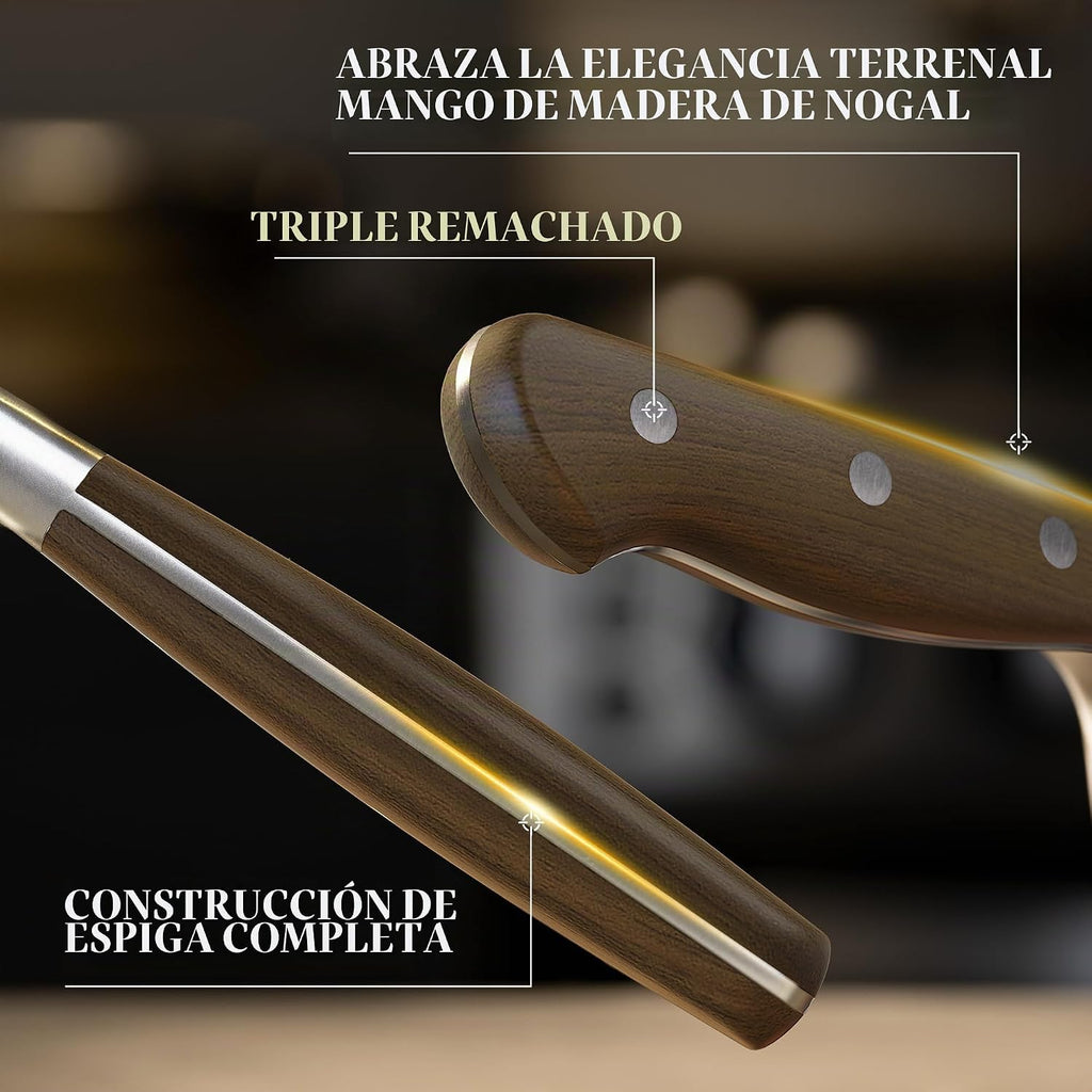 Astercook Juego de 17 cuchillos con afilador incorporado, cuchillos de cocina alemanes de espiga completa de acero inoxidable, juego de cubiertos ergonómicos con mango de nogal para cocina casera y regalo del día del padre para papá