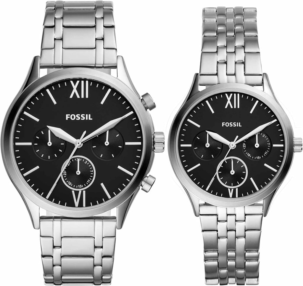 Conjunto de regalo de relojes multifunción de acero inoxidable de tamaño mediano Fenmore para él y para ella