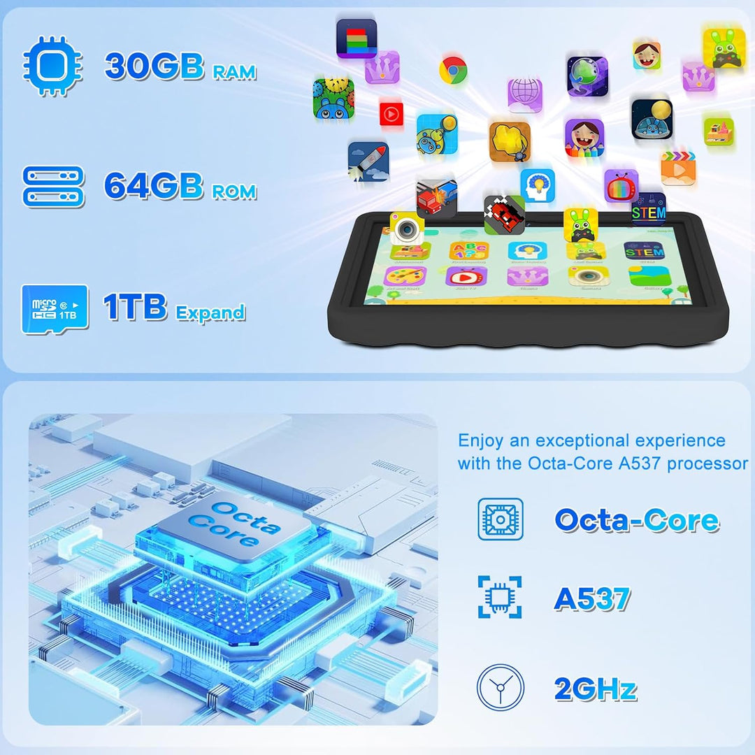 DMOAO Tableta para niños de 10,1 pulgadas Android 15-30 GB RAM+64 G...