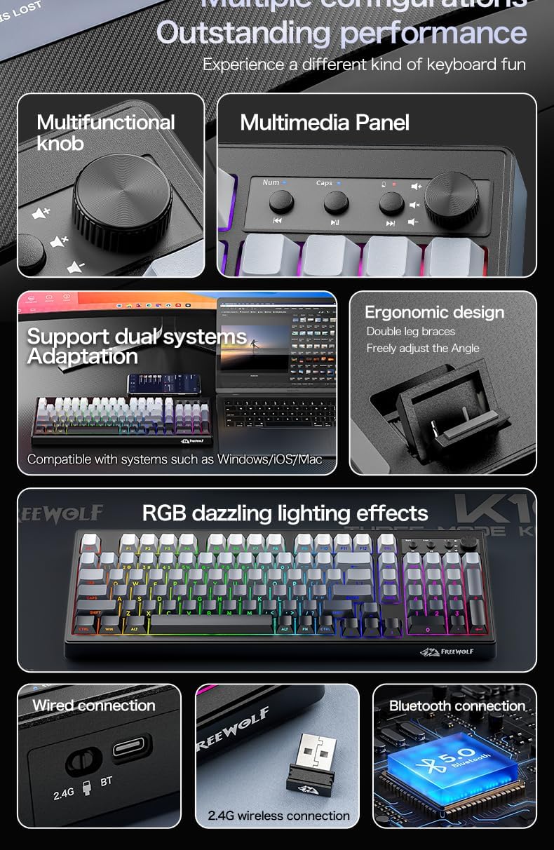 FREEWOLF K100 - Membrana para juegos de 99 teclas, teclado inalámbr...
