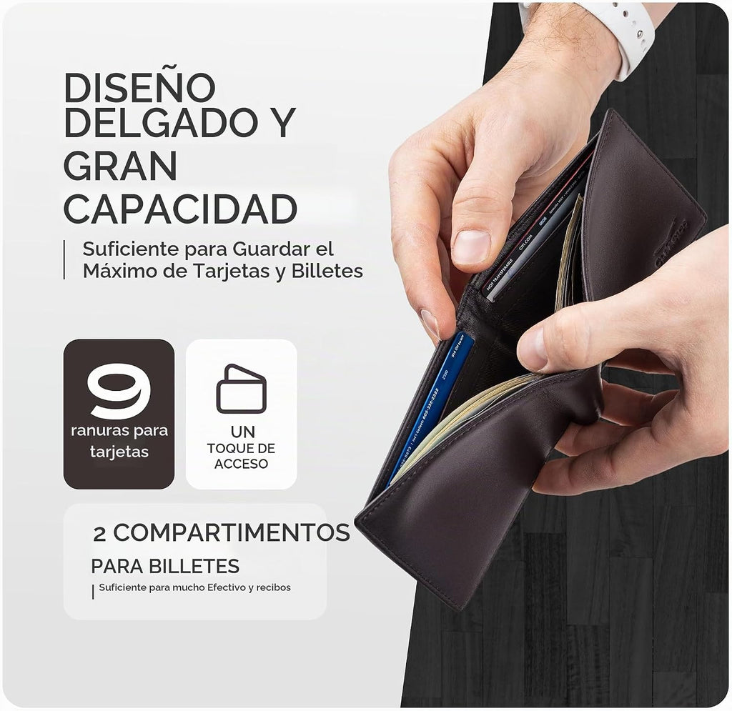 Cartera plegable de cuero para hombre con bloqueo RFID y ventana